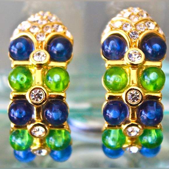 NOLAN MILLER EARRINGS CLIP ON GREEN BLUE VINTAGE 1980’s GOLD - Picture 1 of 8